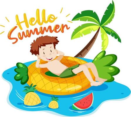 Hello Summer font with a happy man laying on swimming ring isolated