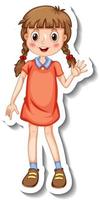 Plantilla de pegatina con una niña en pie posando personaje de dibujos animados aislado vector