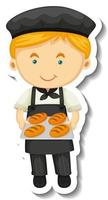 Sticker template with a baker boy holds baked tray isolated vector