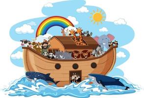 Arca de Noé con animales en onda de agua aislado sobre fondo blanco. vector