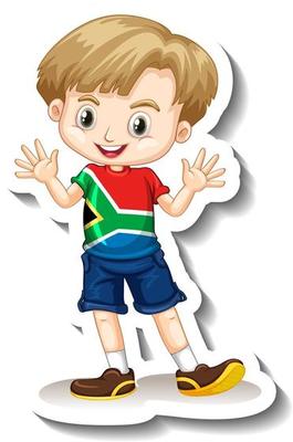 A sticker template with a boy wearing South Africa flag t-shirt cartoon character