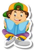 Sticker template with a boy reading book cartoon character isolated vector