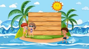 Plantilla de banner vacío con niños de vacaciones en la escena diurna de la playa vector