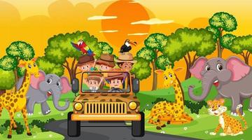 safari en la escena de la puesta del sol con muchos niños viendo animales vector