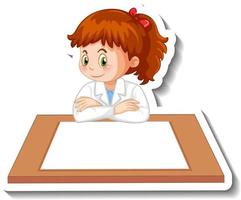 personaje de dibujos animados de niña científica con mesa en blanco vector