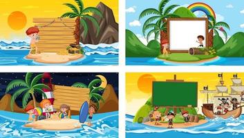 Set of different tropical beach scenes with blank banner vector