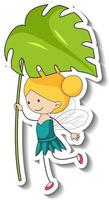 Sticker template with a fairy cartoon character holding a leaf isolated vector