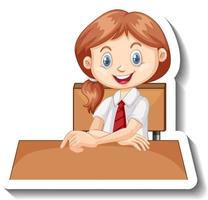 Student girl sit at desk cartoon sticker vector