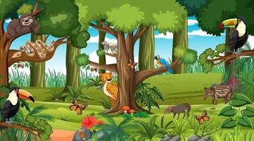 Forest at daytime scene with different wild animals vector