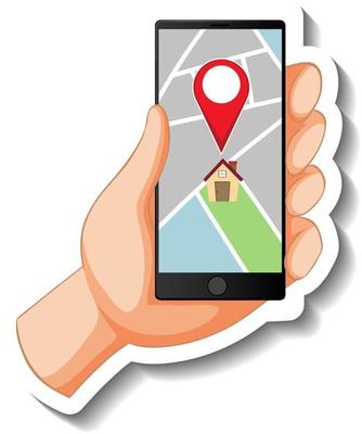 A sticker template with a smartphone showing pin located on map