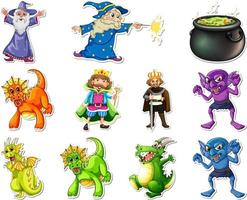 Sticker set with different fairytale cartoon characters vector