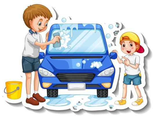 A sticker template with father washing car with his son