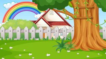 Nature landscape scene with a house and rainbow in the sky vector