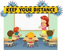 Keep your distance font design with classroom scene vector