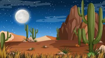 paisaje de bosque desértico en la escena nocturna con muchos cactus vector
