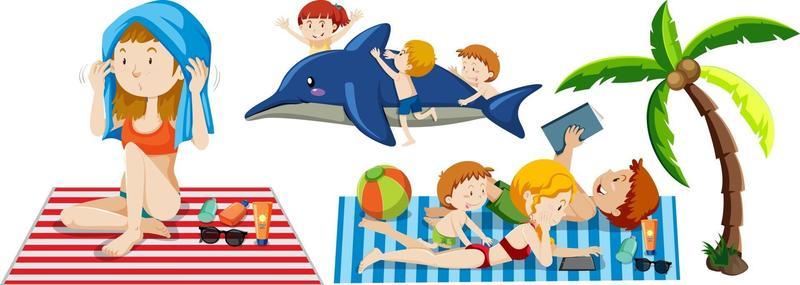 Summer beach theme with cartoon character of many kids isolated
