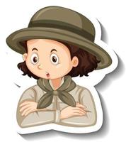 una plantilla de pegatina con el retrato de una niña en traje de safari personaje de dibujos animados vector