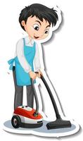 Sticker design with a young man using vacuum cleaner vector