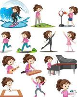 Set of a cute girl doing different activities vector