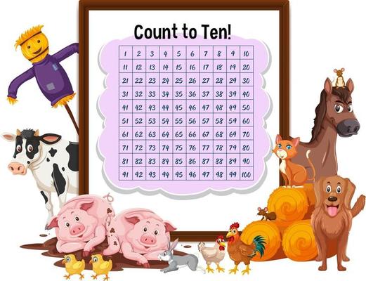 Counting number 1-100 board with farm animals