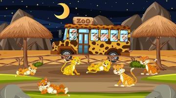 Safari at night scene with many kids watching leopard group vector