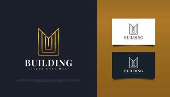 Diseño de logotipo inmobiliario dorado con letra inicial m en concepto minimalista. plantilla de diseño de logotipo de construcción, arquitectura o edificio vector