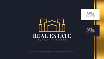 Luxury Gold Real Estate Logo Design with Line Style in Minimalist Concept. Construction, Architecture or Building Logo Design Template vector