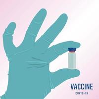 Medical hand with a glove holding a vaccine flask vector