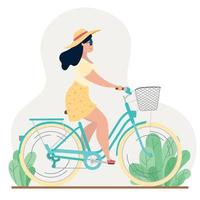 mujer montando una bicicleta clásica vector