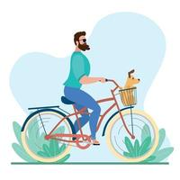 Man riding a classic bicycle with a dog in a basket vector