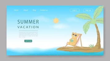 Summer vacation landing page with cute bear on colorful background for website, template or banner vector