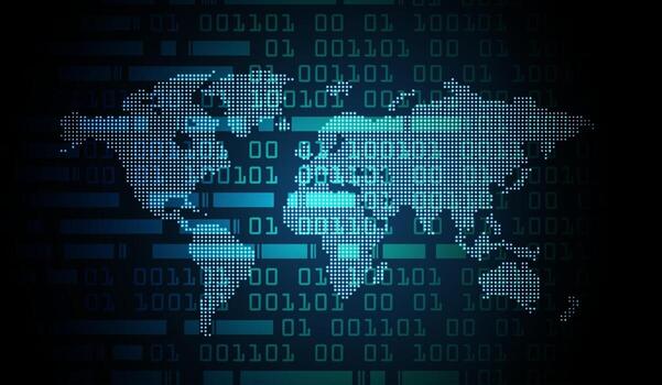 Tecnología futura de la placa de circuito binario mundial, fondo azul del concepto de seguridad cibernética de hud vector