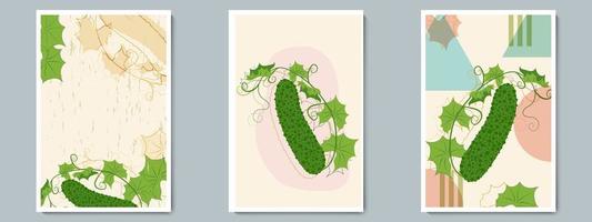 Cucumber Wall Art Colorful Poster Set Minimalist Vegetable with Simple, Geometric Shape, Contour and Green Leaves Vector