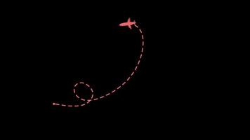 Animation of one dashed line drawing of passenger airplane and heart sign label with alpha channel video