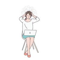 una mujer está sentada en una silla y sosteniendo su cabeza mientras mira una computadora portátil. ilustraciones de diseño de vectores de estilo dibujado a mano.