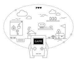 A hand holding a video game and a game screen. Design with black lines on a white background. minimal vector illustration.