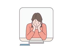 A woman is reading a document with her chin crossed. hand drawn style vector design illustrations.