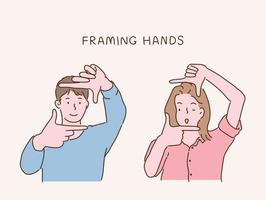 A man and a woman are making photo frames with their hands. hand drawn style vector design illustrations.