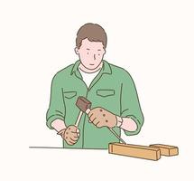 A carpenter carving wood with a chisel. hand drawn style vector design illustrations.