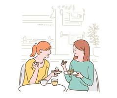 Two friends are chatting while sitting in a cafe, eating a piece of cake. hand drawn style vector design illustrations.