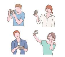 Collection of people holding cameras. hand drawn style vector design illustrations.