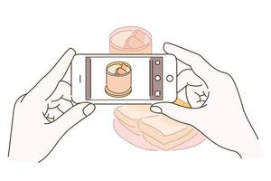 Hand taking food photo with mobile phone. hand drawn style vector design illustrations.