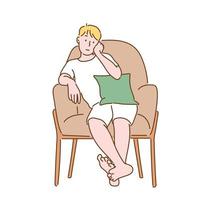 Man sitting comfortably on the sofa and thinking. hand drawn style vector design illustrations.