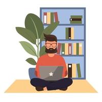 man sitting on the carpet with laptop vector