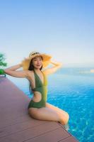 Beautiful young asian women happy smile relax around outdoor swimming pool in hotel resort for travel in holiday vacation photo