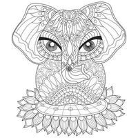 Elephant and sunflower hand drawn for adult coloring book vector
