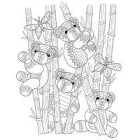 Teddy bears in the bamboo forest hand drawn for adult coloring book vector