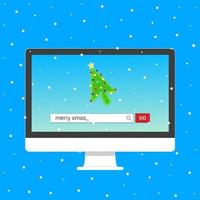 All in one PC monitor device with Search bar with text Merry christmas and button go with christmas tree arrow  cursor pointer. Flat style design invite to the xmas party postcard vector illustration.