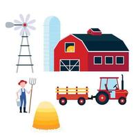 Red barn, harvesting tractor with semi-trailer and hay bale icon sign, haystack, hay sheaf and farmer with hayfork and bucket set isolated on white background flat design style vector illustration