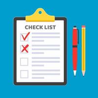 Clipboard with to do list claim form on it, paper sheets, check marks tick OK and crosses X in the checkbox on the list, red pen isolated on light blue background flat style design vector illustration